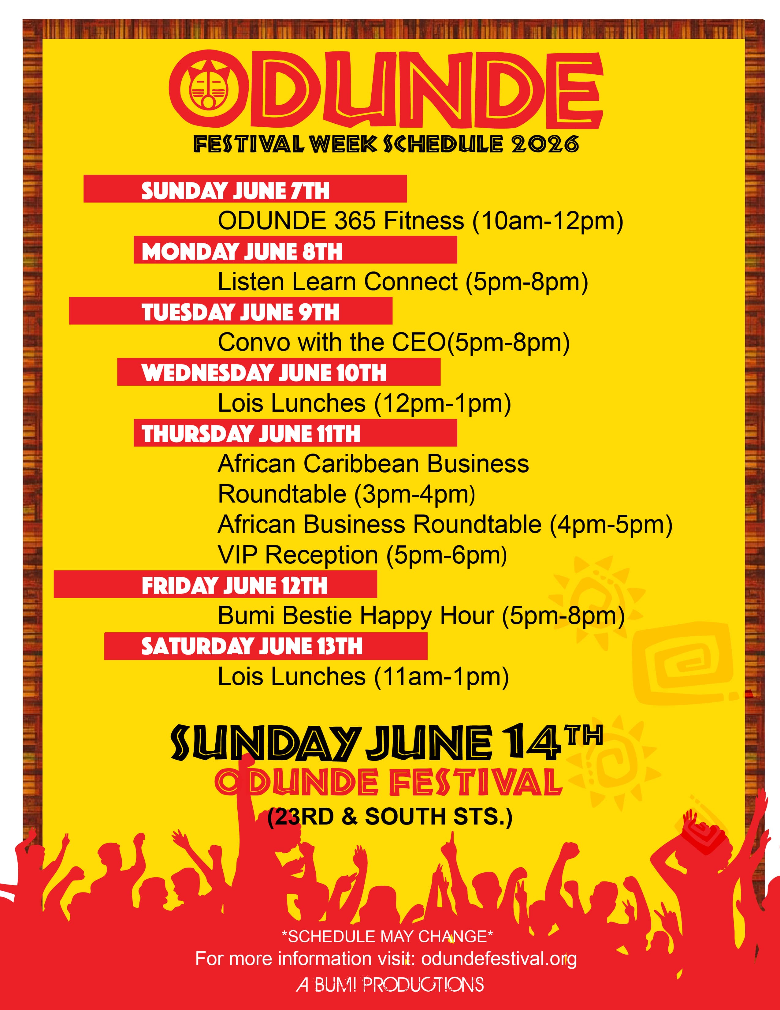 ODUNDE Festival Week Schedule 2026 — Sunday June 7 through Sunday June 14